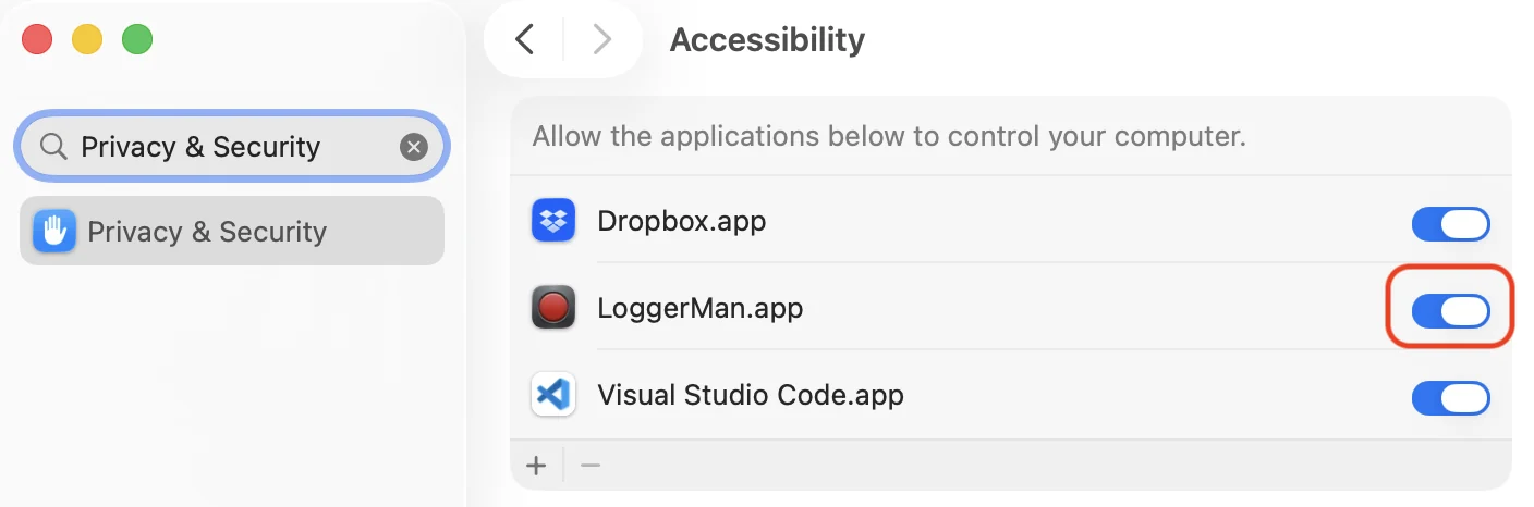System Settings, Accessibility list with LoggerMan switched on