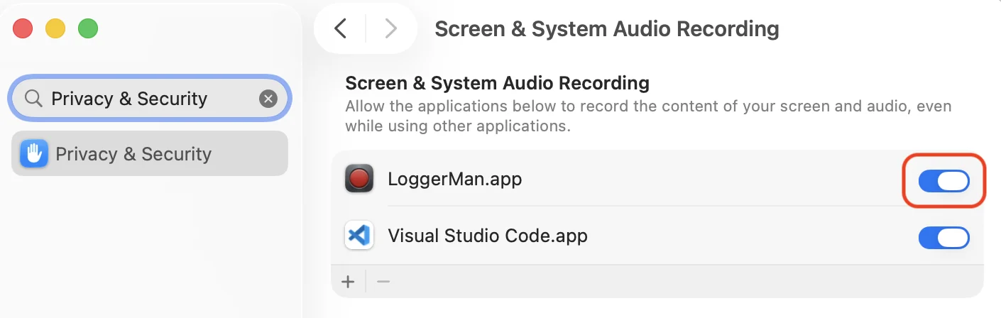 System Settings, Screen and System Audio Recording list with LoggerMan switched on